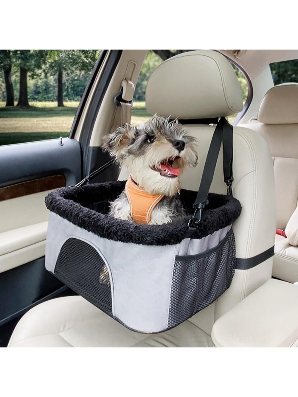 Portable Dog Car Booster Seat with Safety Leash, Adjustable Height, Plush